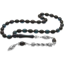 Gümüş Hediye Al Kararmaz Metal Halat Püsküllü Arpa Kesim Turkuaz-Siyah Ateş Kehribar Tesbih