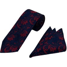 Brianze Lacivert Kırmızı Motif Desen Kravat Mendil Set
