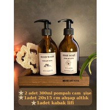 Home Art Nova Ahşap Stantlı 2'li Amber Cam Sıvı Sabun Bulaşık Deterjanı Şişesi Kabak Lifli  Sabunluk 300ML