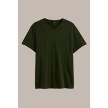 Mmetalic Metalıc Erkek Haki Pamuklu Kısa Kollu V Yaka T-Shirt