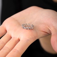 Tesbihane Zirkon Taşlı Zincir Tasarım Silver Renk 925 Ayar Gümüş Kadın Tektaş Yüzük