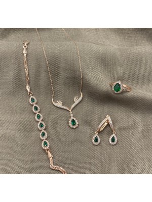 Inure Jewelry Sılver Zirkon Taşlı Yeşil Taş Damla Model Gümüş Set 925 Ayar Gümüş Kolye&bileklik&küpe&yüzük