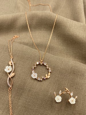 Inure Jewelry Sılver Manolya Model 925 Ayar Rose Gümüs Set 925 Ayar Gümüs Kolye & Bileklik & Küpe