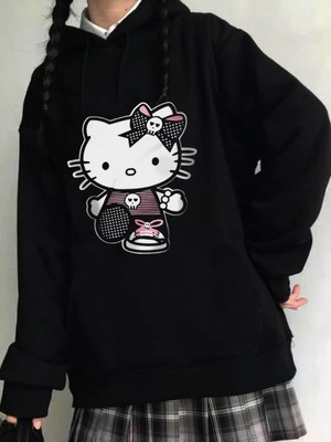 Daily Fashion Anime Sanrio Hello Kity Sun Hoodie Outdoor Gotik Siyah Kapşonlu Sweatshirt  Daily