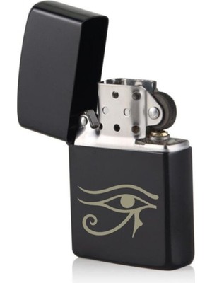 Market66 Vicdanın Gözü Resimli Dolu Benzinli Siyah Metal Çakmak Mısır Tanrısı Horus Ra Tasarımlı