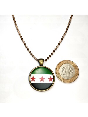 Market66 3 Yıldız Özgür Suriye Bayrağı Kolye Yeşil Beyaz Siyah Syria Bayrağı Camlı Bronz Renk Metal