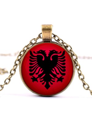 Market66 Arnavutluk Bayrak Kolye Albania Bayrağı 3D Büyüteç Camlı Bronz Renk Metal Kolyesi