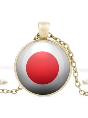 Market66 Japonya Bayrak Kolye Japan Bayrağı Yuvarlak Camlı Bronz Renk Metal Kolyesi
