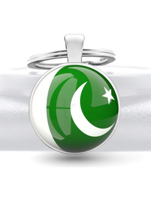 Market66 Pakistan Bayrağı Büyüteç Camlı Anahtarlık Gümüş Renk Metal Halka Bayrak Anahtarlığı
