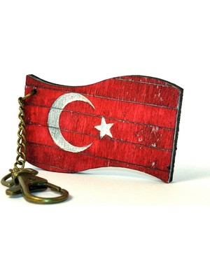 Market66 Türkiye Eskitme Ahşap Ülke Bayrağı Anahtarlık Ay Yıldız Rustik Renkli Tahta Oyma