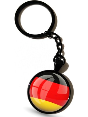 Market66 Almanya Siyah Renk Zincirli Bayrak Anahtarlık Germany Yuvarlak 3D Cam Bayrak