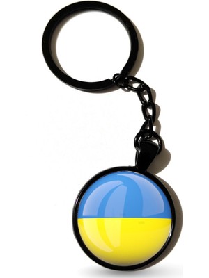 Market66 Ukrayna Bayrak Siyah Renk Zincirli Anahtarlık Ukraine Bayrağı Yuvarlak 3D Cam Anahtar