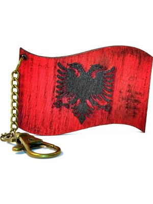 Market66 Arnavutluk Albania Anahtarlık Eskitme Ahşap Ülke Bayrağı Renkli Çift Başlı Kartal Tahta Oyma