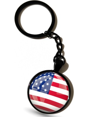 Market66 Amerika Siyah Renk Zincirli Anahtarlık America Usa Bayrağı Yuvarlak 3D Cam Bayrak Anahtar
