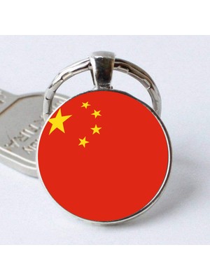 Market66 Çin China Bayrağı 3D Camlı Bayrak Gri Anahtarlık Metal Halka