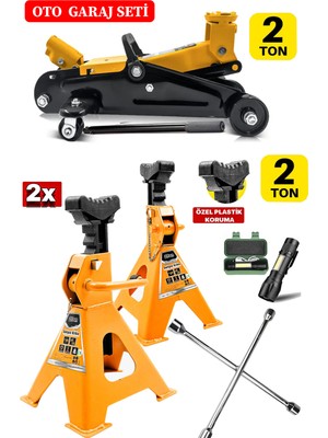 Stilmax 2TON/2000KG Kapasite Tekerlekli Arabalı Kriko + 2ton X2ADET Sehpa Tip Kriko + Bijon Full Garaj Seti