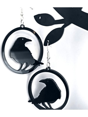 Market66 Siyah Karga Kuzgun Cosplay Gotik Kuş Figür Küpe El Yapımı Kancalı Siyah Akrilik 4.5cm