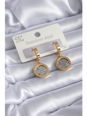 Stainless Steel Çelik Gold Renk Yonca Model Kadın Küpe