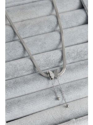 E-Bijuteri Çelik Gümüş Renk Italyan Zincir Model Simli Kelebek Figür Kadın Kolye