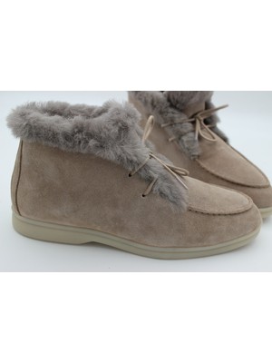 Ayakkabım Official Hakiki Deri Kadın Bot Bej Kürklü Bağcıklı Beden 37 Renk Bej