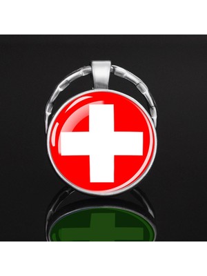 Market66 Isviçre Switzerland Bayrak Anahtarlık Büyüteç Camlı 3D Gümüş Renk Metal Halka