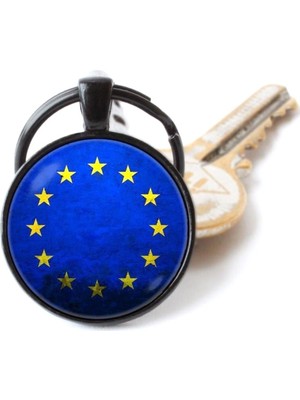 Market66 Avrupa Birliği European Union Bayrak Siyah Renk Zincirli Anahtarlık 3D Camlı