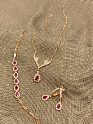 Inure Jewelry Zirkon Taşlı Kırmızı Damla Model 925 Ayar Rose Gümüş Set 925 Ayar Gümüş Kolye & Bileklik & Küpe