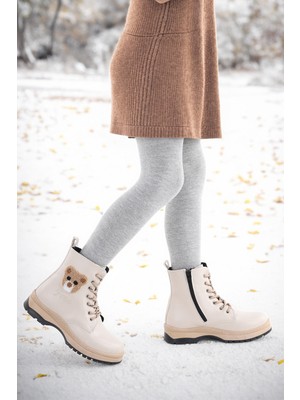 Kiko Kids Kız Çocuk Bot 625 Termo Taban Suni Deri Bej Renk Bağcıklı Rahat Taban