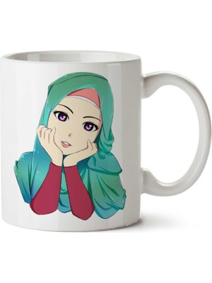 Anime Müslüman Tesettürlü Kadın Iki Tarafı Baskılı Kupa Bardak