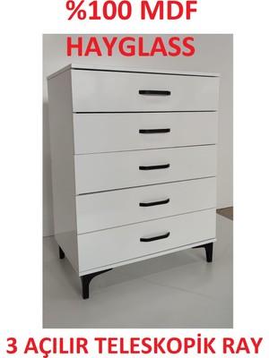 Alsan Dekor 5 Çekmeceli Mdf Hayglass Şifonyer