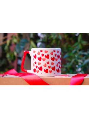 Clicksy Aşk Temalı Kırmızı Pastel Ton Kalp Desenli Sevgiliye Hediye Kupa Bardak