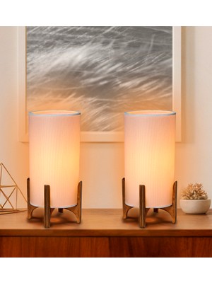EFLIGHTDESIGN 2'li Ahşap Abajur Beyaz Modern Şık Yatak Odası Salon Masa Lambası