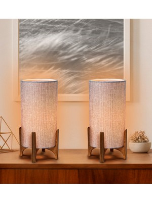 EFLIGHTDESIGN 2'li Ahşap Abajur Gri Modern Şık Yatak Odası Salon Masa Lambası