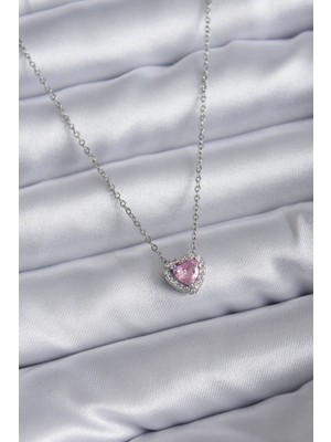 Clariss Brs 316L Çelik Zincirli Gümüş Renk Pembe Zirkon Taşlı Charm Kadın Kolye