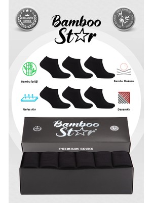 Bamboo Star Bambu Erkek Patik Düz Siyah Çorap Dikişsiz Premium Kutulu 6'lı