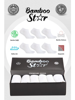 Bamboo Star Bambu Erkek Patik Düz Beyaz Çorap Dikişsiz Premium Kutulu 6'lı