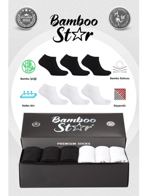 Bamboo Star Bambu Erkek Patik Düz  Çorap Dikişsiz Premium Kutulu 6'lı (3 Siyah - 3 Beyaz)