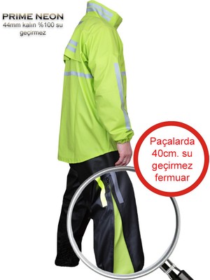 Motosiklet Yağmurluk Takım Prime Neon 0.44MM. Kalın %100 Su Geçirmez Kumaş, Fermuarlı Paça, Gece Parlayan Gerçek Reflektörlü, Güçlendirilmiş Ağaa