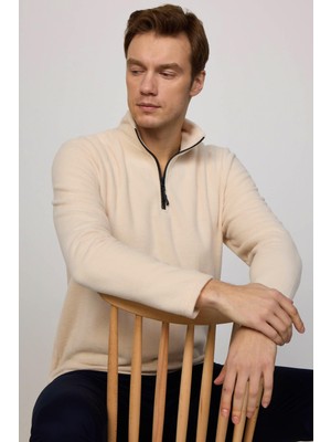 Tudors Erkek Dik Yaka Tüylenme Yapmayan Soğuk Geçirmez Standart Fit Rahat Kesim Bej Polar Sweatshirt