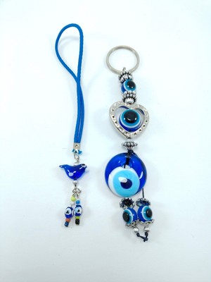 Ennea Art Kuş Nazar Boncuğu Dikiz Ayna Süsü Kalp Nazar Boncuğu Anahtarlık El Yapımı Cam Ikili Hediyelik Set