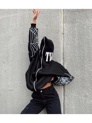 Tarz Yeri Kadın Bape Spider Baskılı Oversize Hırka - Siyah