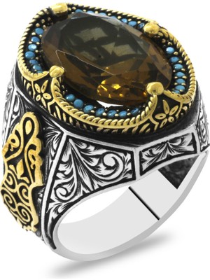 Tesbihname Faset Kesim Zultanit Taşlı Yanları Firuze Taş Mıhlamalı Gotik Süslemeli 925 Ayar Gümüş Erkek Yüzük