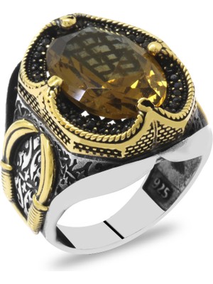 Tesbihname Faset Zultanit Taşlı Yanları Mikro Taş Mıhlamalı Kılıç Temalı 925 Ayar Gümüş Erkek Yüzük