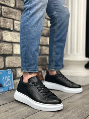 BOA BA0547 Boa Kalın Yüksek Taban Siyah Beyaz Bağcıklı Spor Erkek Ayakkabı