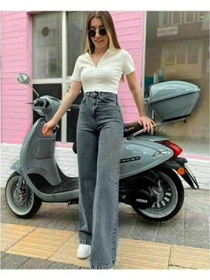 Jorde Kadın Füme Likralı Bol Paça Jean Salaş Wide Leg Antrasit Kot Pantolon