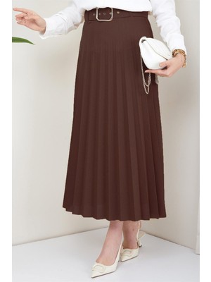 Hafsa Mina Kemerli Piliseli Etek Kahverengi HM2104