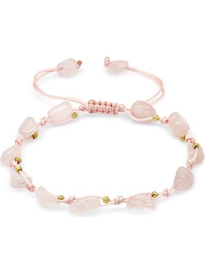 Tesbihname Makrome Örgülü Naturel Kesim Dorika Top Detaylı Pembe Kuvars Doğaltaş Kadın Bileklik