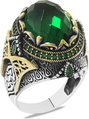 Tesbihname Faset Kesim Yeşil Zirkon Taşlı Oval Tasarım 925 Ayar Gümüş Erkek Yüzük