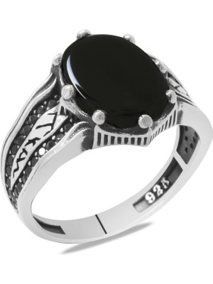 Tesbihname Oniks Taşlı Kenarları Mikro Siyah Zirkon Taş Süslemeli Oval Tasarım 925 Ayar Gümüş Erkek Yüzük