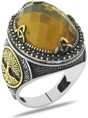 Tesbihname Oval Tasarım Hayat Ağacı Desenli Faset Zultanit Taşlı 925 Ayar Gümüş Erkek Yüzük